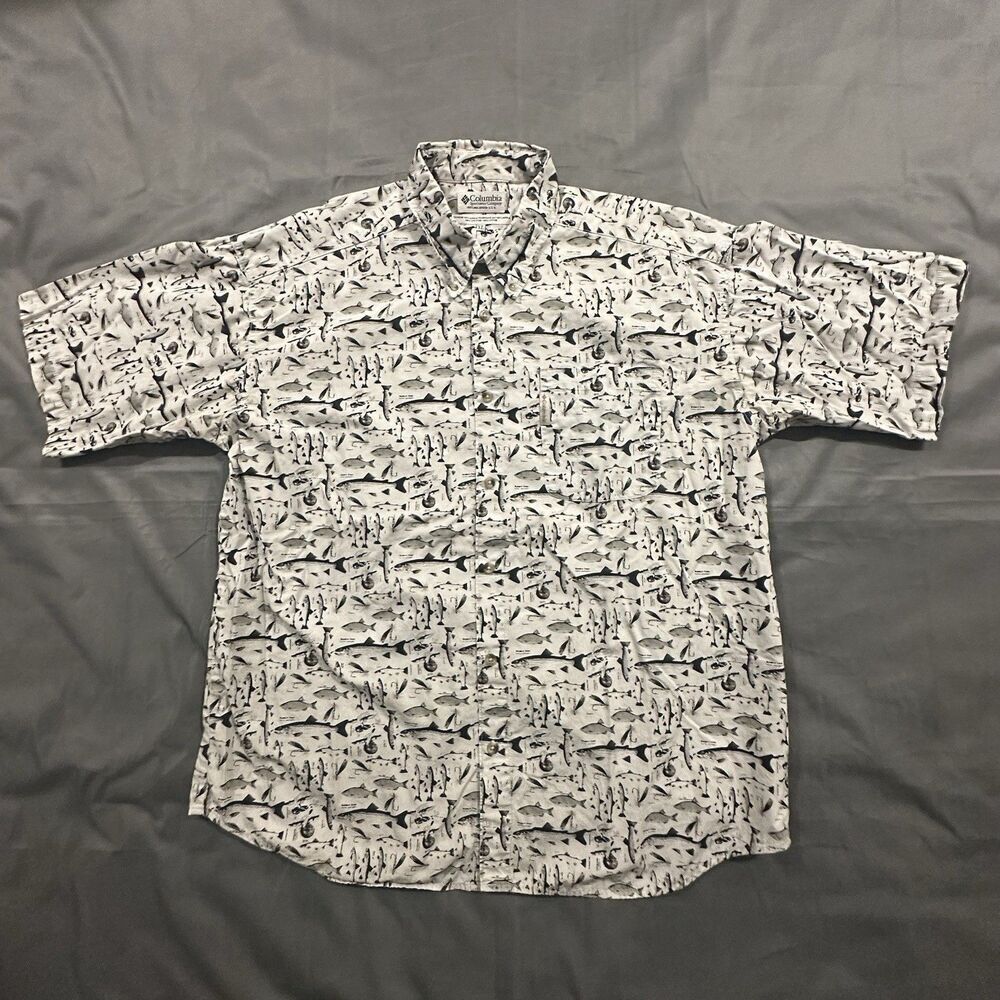 Vintage Columbia Shirt Mens XL Fish AOP Button Collar Short Sleeve White Pocket